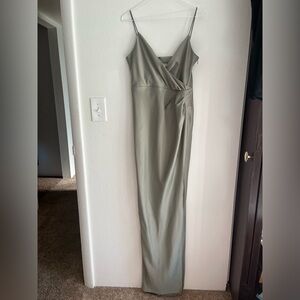 BHLDN Olive Green Satin Slip Gown with Draped Waist